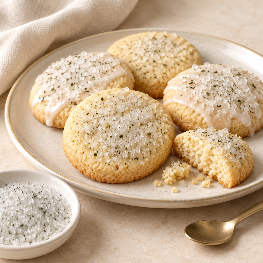 Golden shortbread cookies topped with Candy Cane Sugar on a cream plate.