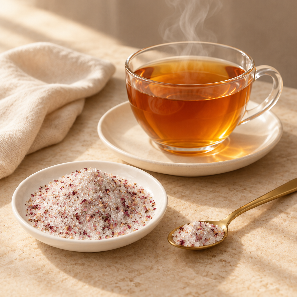 Rose Sugar with Cardamom beside a warm cup of tea