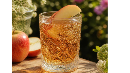 Green Dragon Mist sparkling tea cooler served over ice with apple and citrus slices.