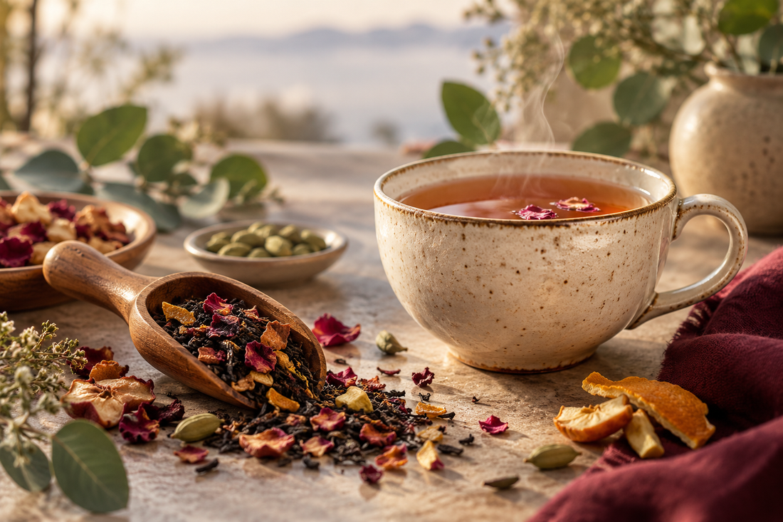 A warm cup of loose-leaf tea surrounded by tea leaves, rose petals, citrus peel, and cardamom
