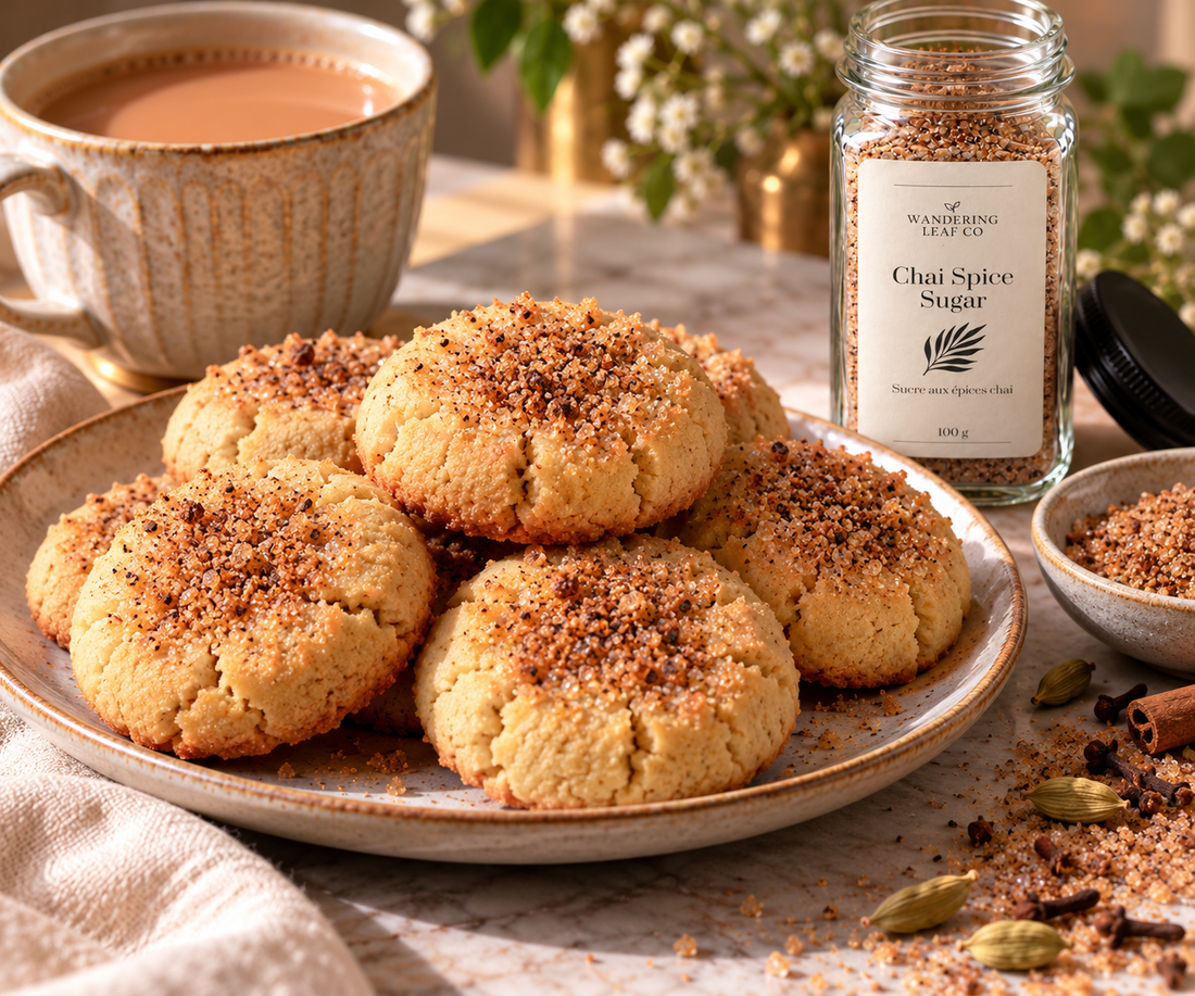Nankhatai biscuits topped with Wandering Leaf Co. Chai Spice Sugar beside the open Chai Spice Sugar jar