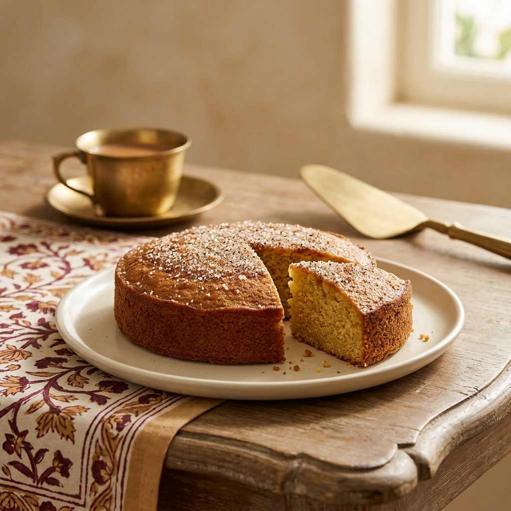 Cardamom tea cake lightly sprinkled with chai spice sugar