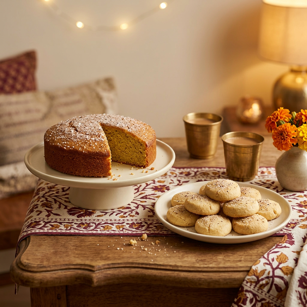 Celebration table with chai-sugar cookies and cardamom cake