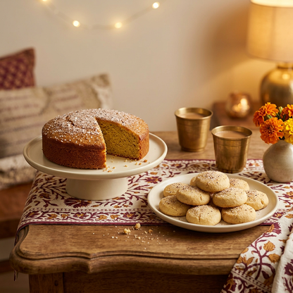 Celebration table with chai-sugar cookies and cardamom cake
