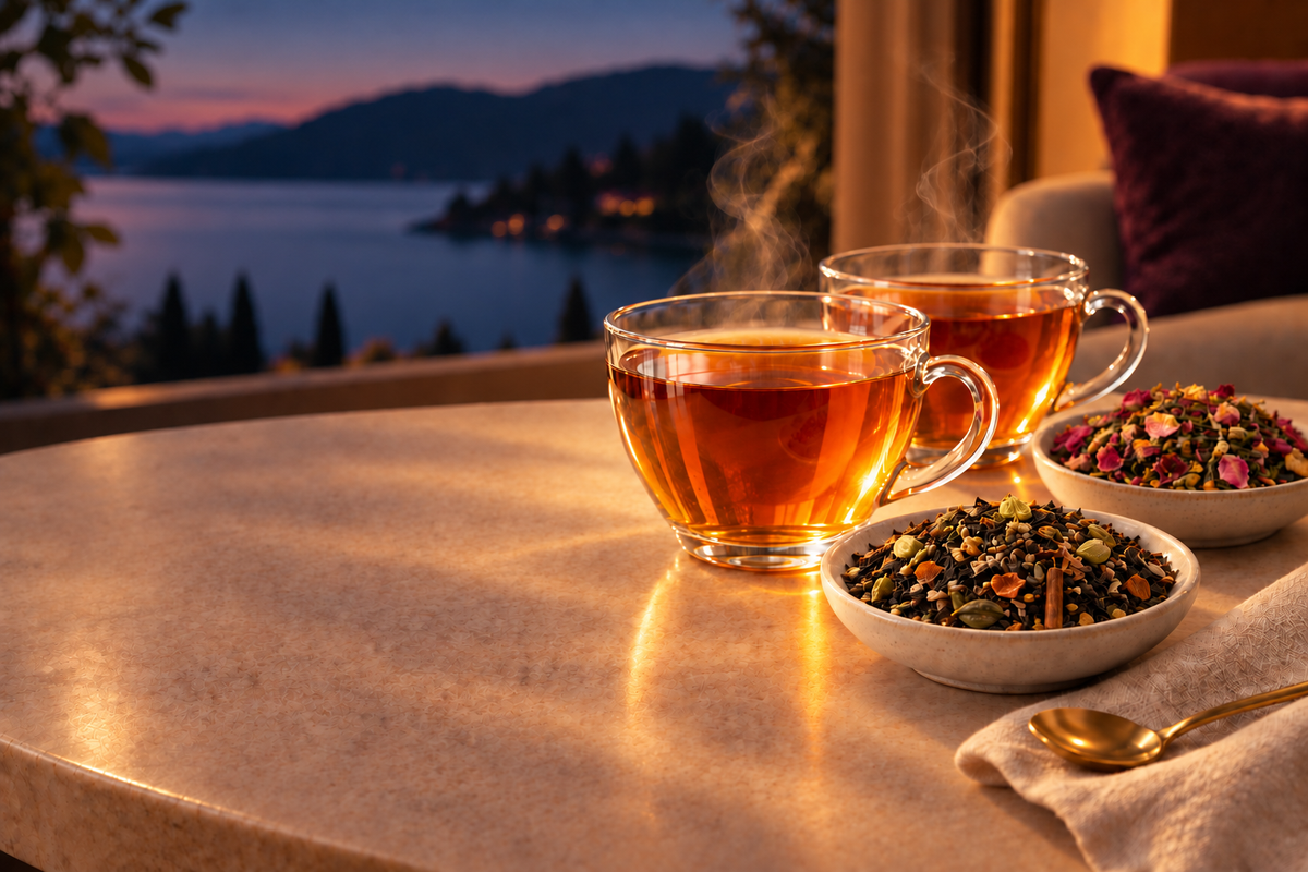 Evening tea scene with soft steam rising from both cups