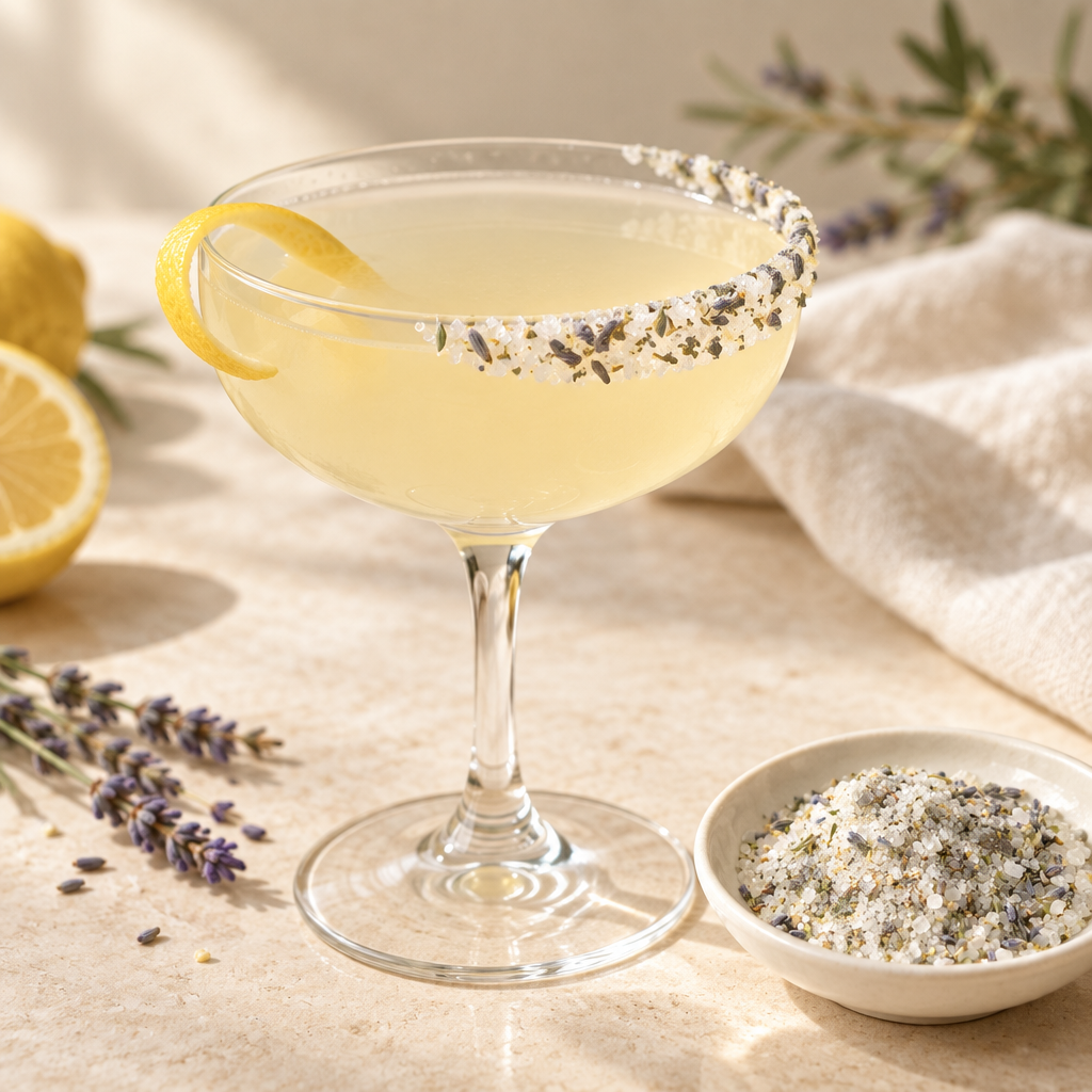 Pale lemon drink in a coupe glass with a Lemon Sugar with Lavender rim, beside a dish of the sugar blend.