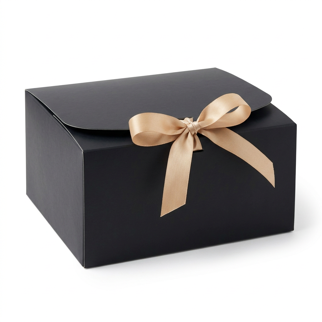 Side view of the black gift box with champagne ribbon on a white studio background