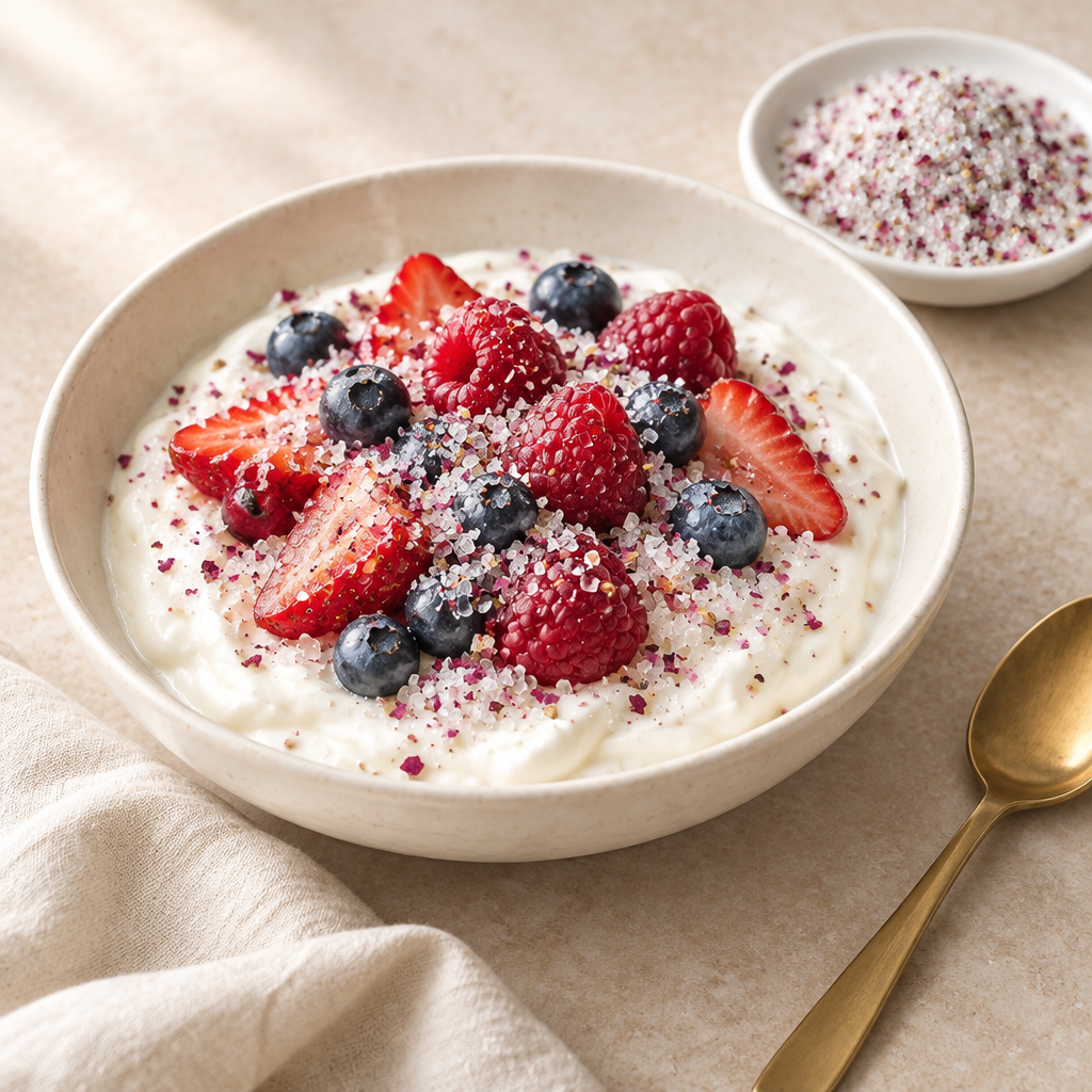 Creamy yogurt and fresh berries sprinkled with Rose Sugar with Cardamom, beside a small dish of the sugar blend.